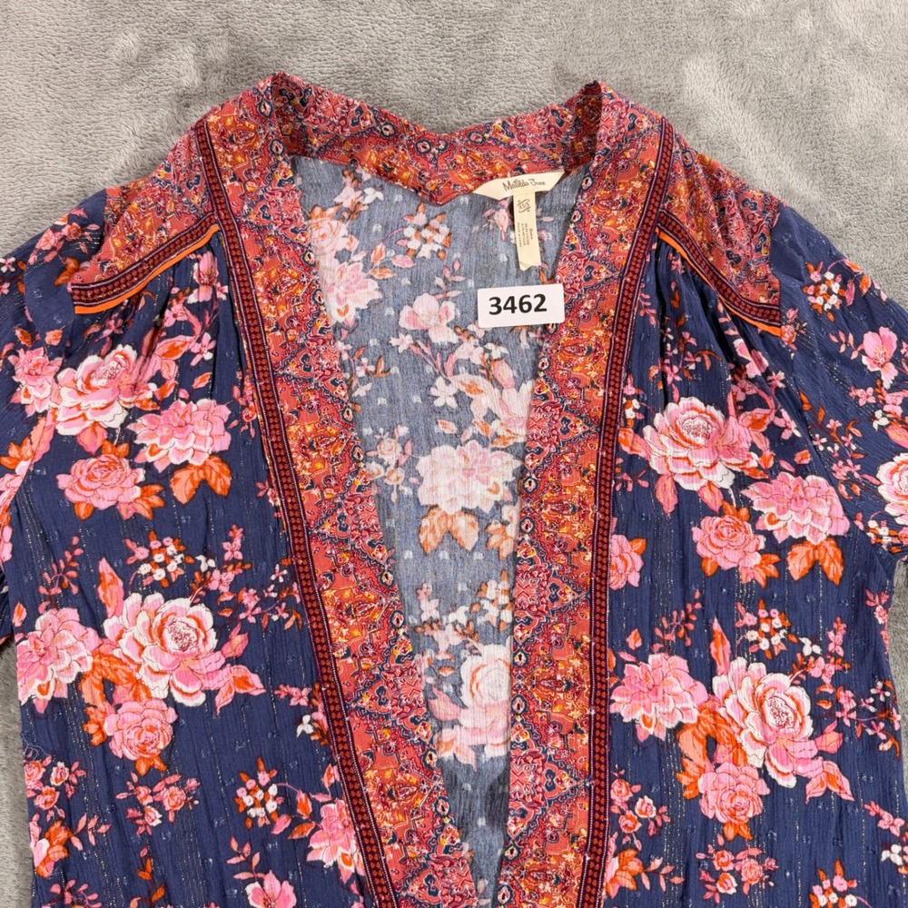 Matilda Jane Kimono Women XS/S Blue Floral Metallic Bell Sleeve Cardigan Wrap